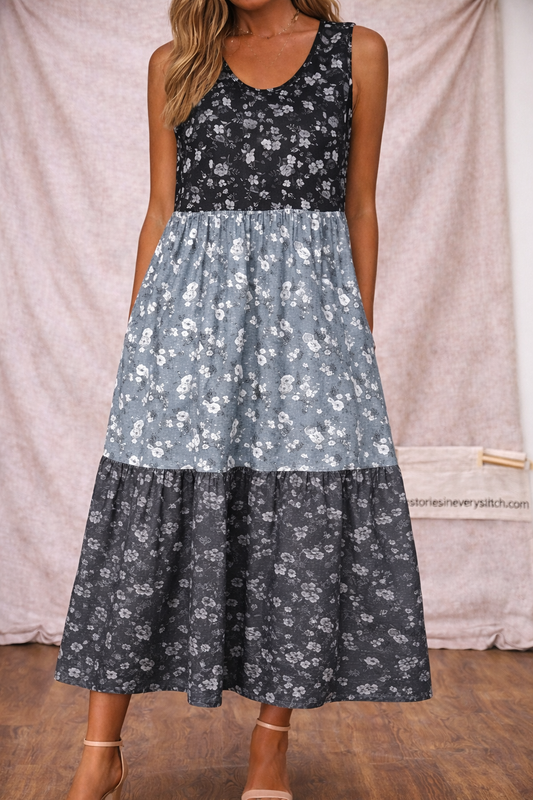 Women’s Patchwork Floral Maxi Dress – Sleeveless Boho Casual Dress