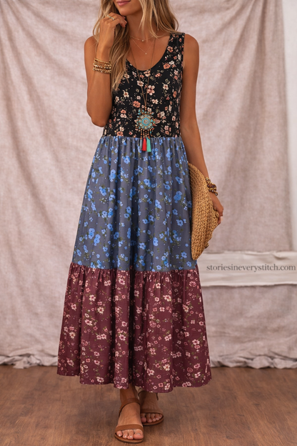 Women’s Patchwork Floral Maxi Dress – Sleeveless Boho Casual Dress