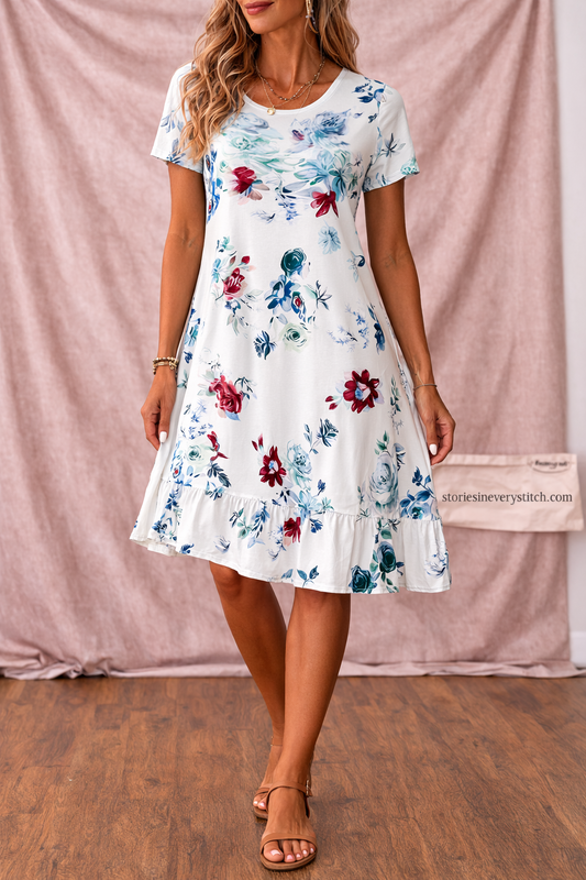 Women’s Floral Short Sleeve Mini Dress – Casual Summer A-Line Dress