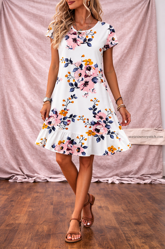 Women’s Floral Short Sleeve Mini Dress – Casual Summer A-Line Dress