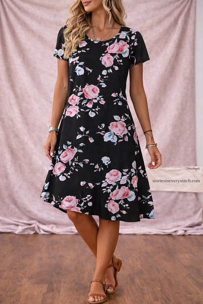 Women’s Floral Short Sleeve Mini Dress – Casual Summer A-Line Dress