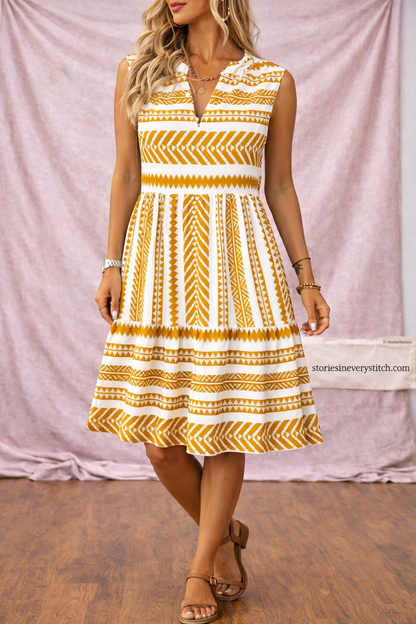 Women’s Striped Sleeveless V-Neck Midi Dress – Casual Summer A-Line Dress