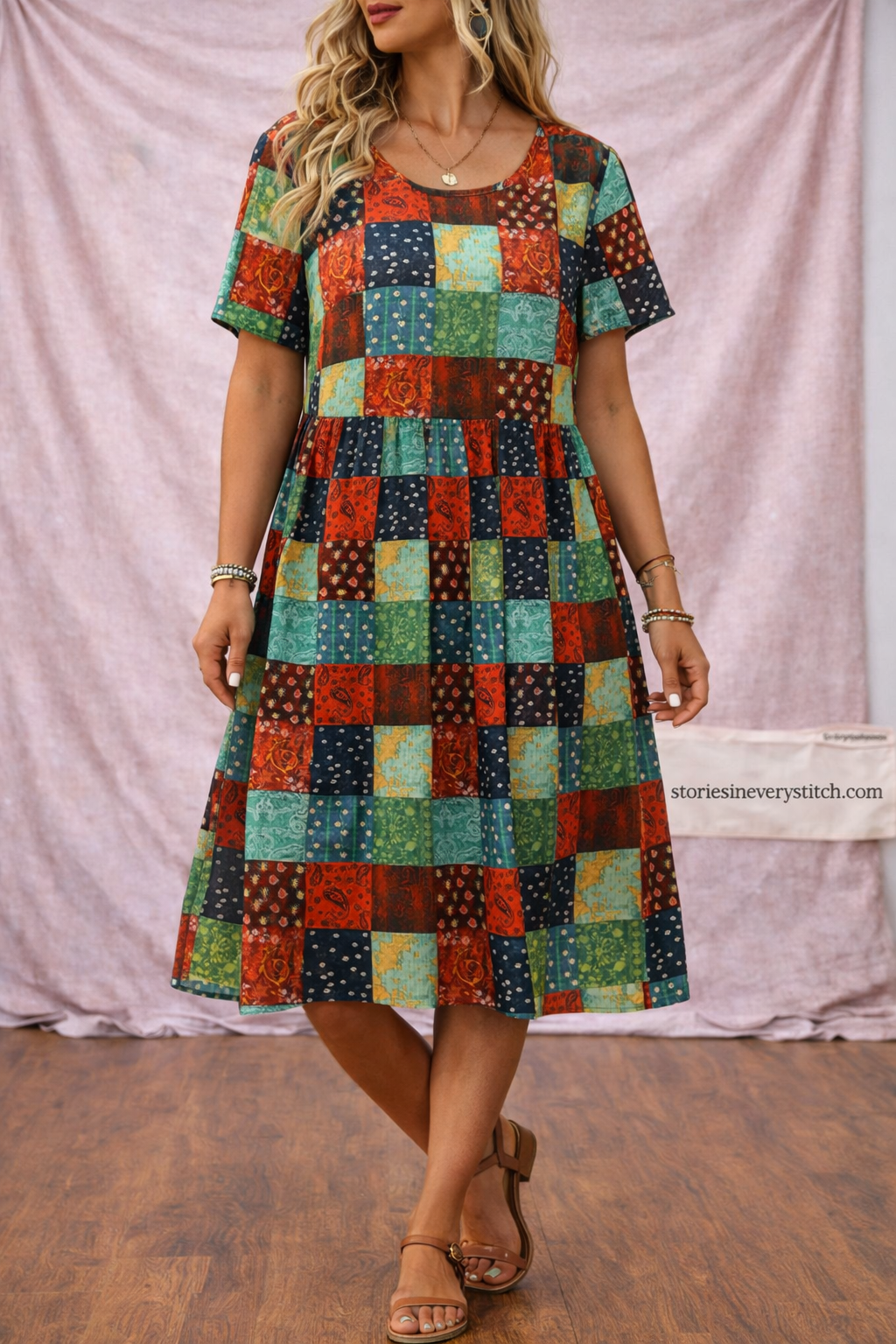 Patchwork Print Midi Dress with Short Sleeves and Round Neck – Relaxed Flowy Fit