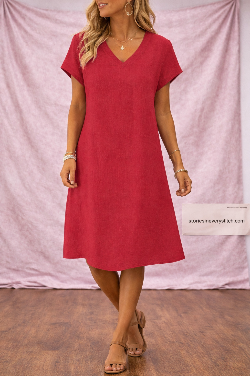 Women’s Solid Color V-Neck Short Sleeve Dress – Casual Loose Summer Dress