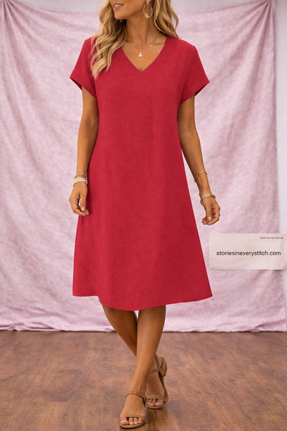 Women’s Solid Color V-Neck Short Sleeve Dress – Casual Loose Summer Dress