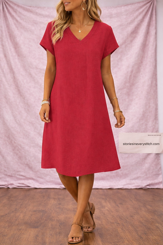 Women’s Solid Color V-Neck Short Sleeve Dress – Casual Loose Summer Dress