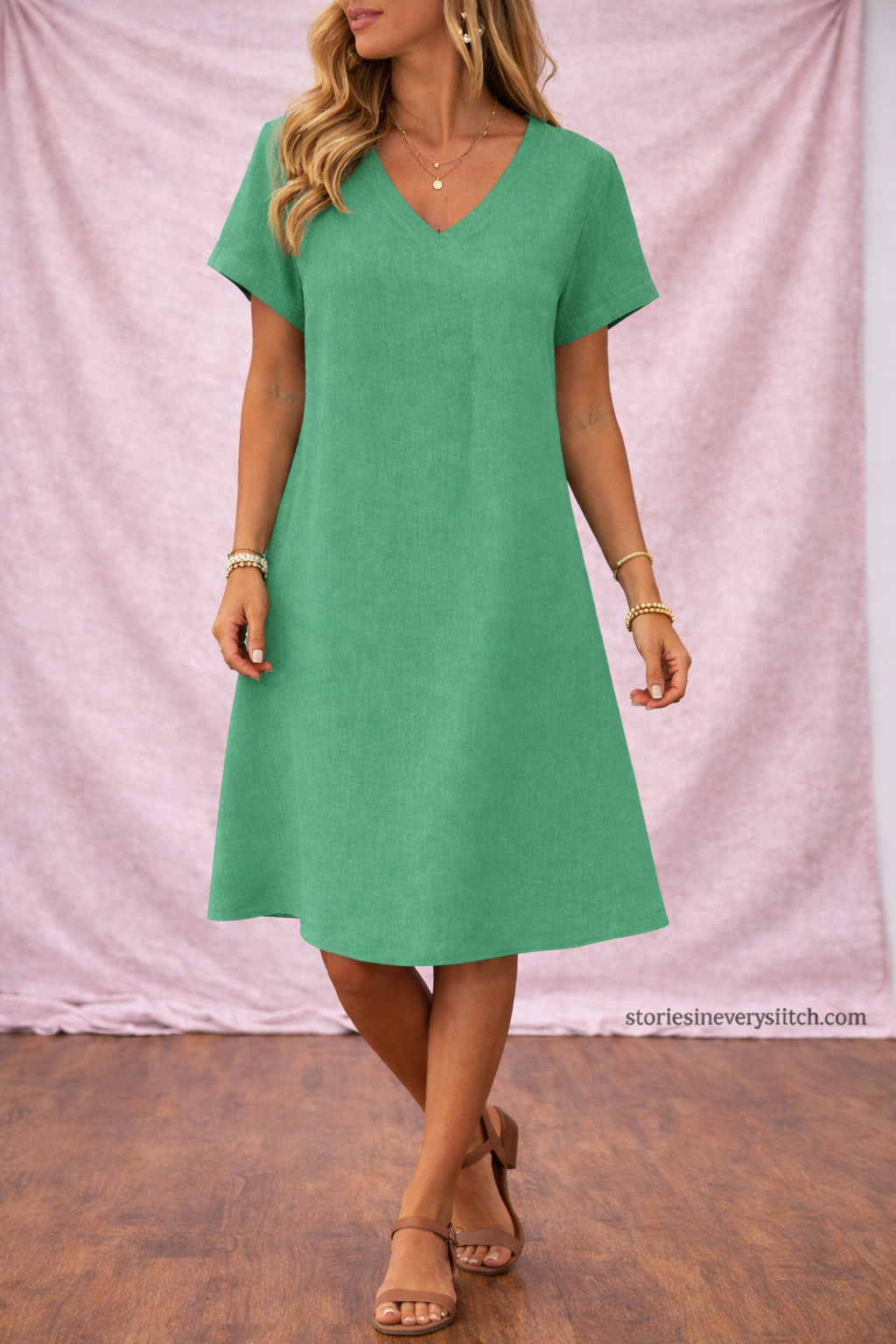Women’s Solid Color V-Neck Short Sleeve Dress – Casual Loose Summer Dress