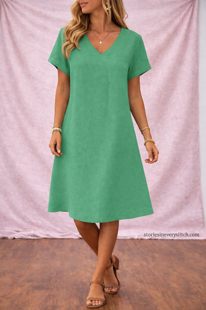 Women’s Solid Color V-Neck Short Sleeve Dress – Casual Loose Summer Dress