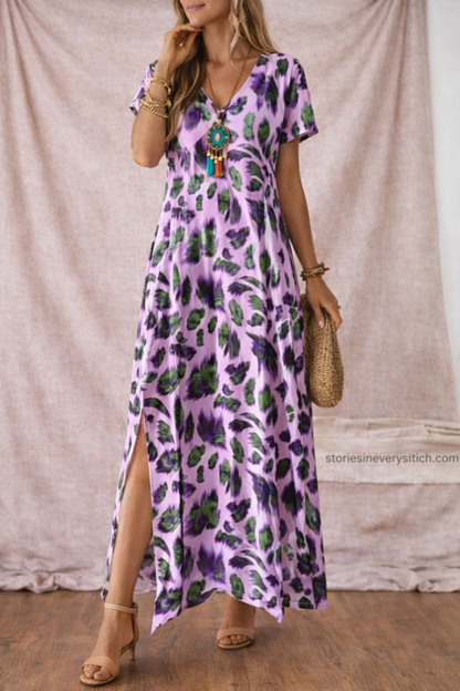 Women’s Floral Print V-Neck Maxi Dress with Side Slit – Casual Summer Dress