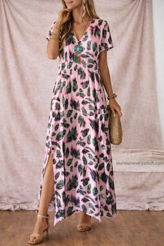 Women’s Floral Print V-Neck Maxi Dress with Side Slit – Casual Summer Dress