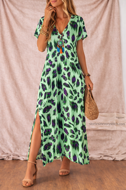 Women’s Floral Print V-Neck Maxi Dress with Side Slit – Casual Summer Dress