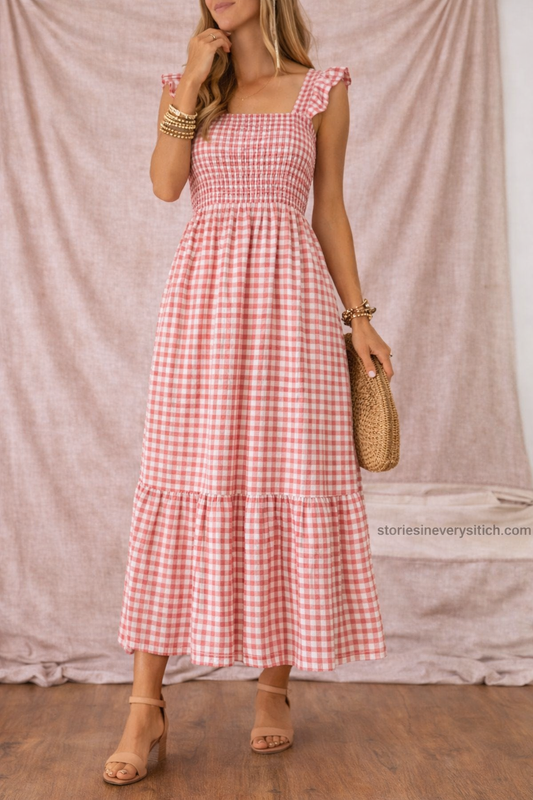 Women’s Gingham Sleeveless Maxi Dress – Casual Summer Tiered Dress