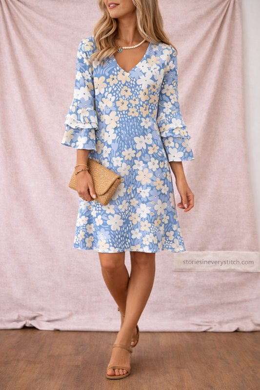 Women’s Floral V-Neck Ruffle Sleeve Dress – Elegant Casual Mini Dress