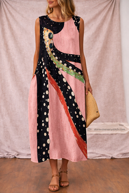 Women’s Sleeveless Printed Midi Dress – Casual Summer A-Line Dress