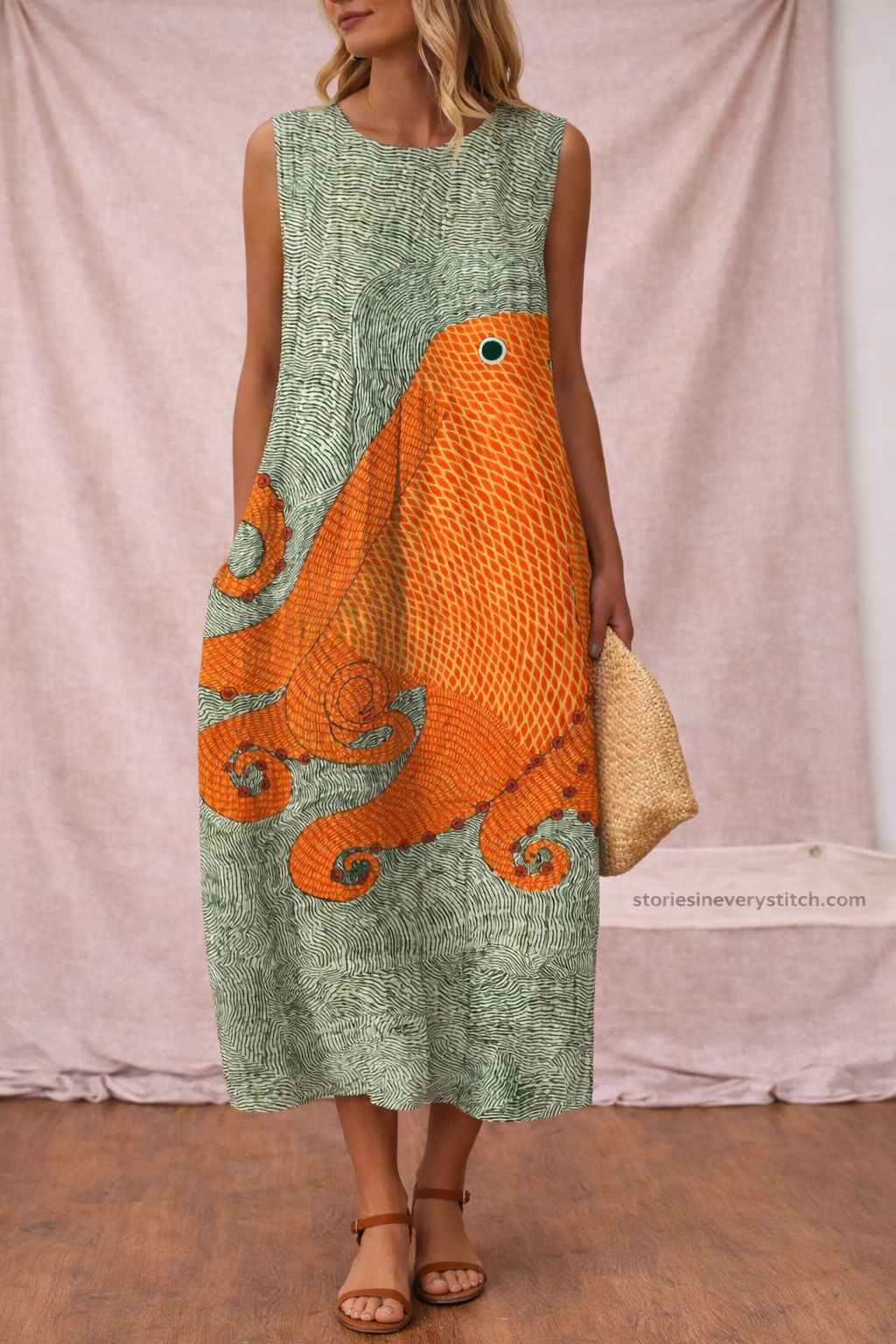 Women’s Sleeveless Printed Midi Dress – Casual Summer A-Line Dress