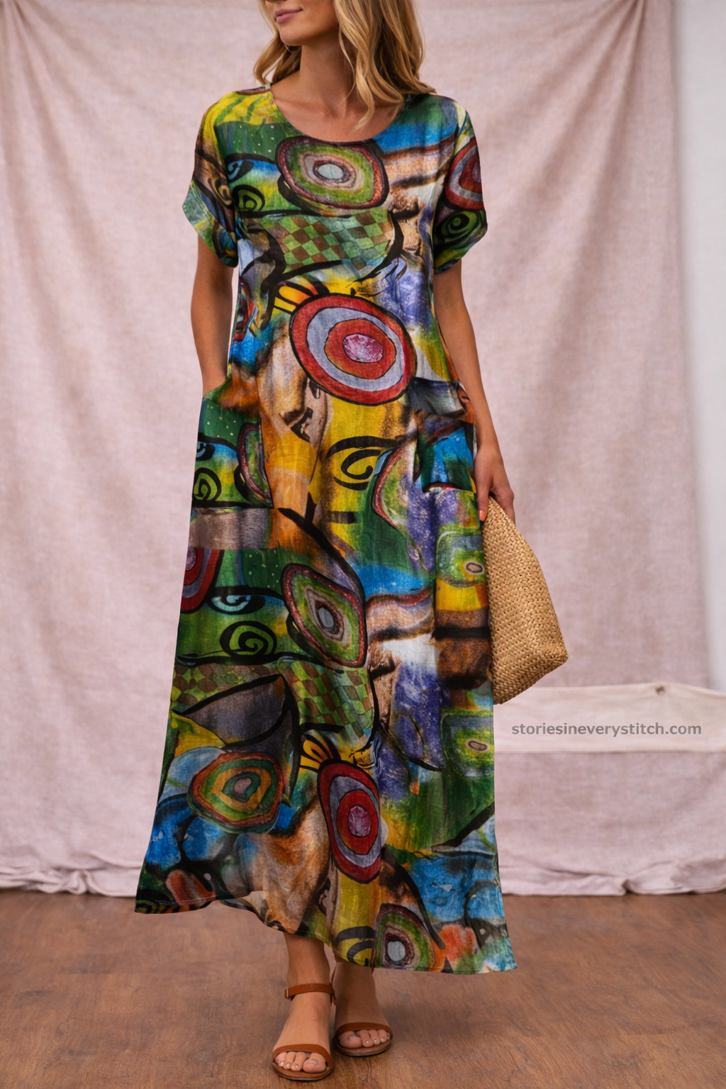 Women’s Abstract Print Short Sleeve Maxi Dress – Casual Loose Summer Dress