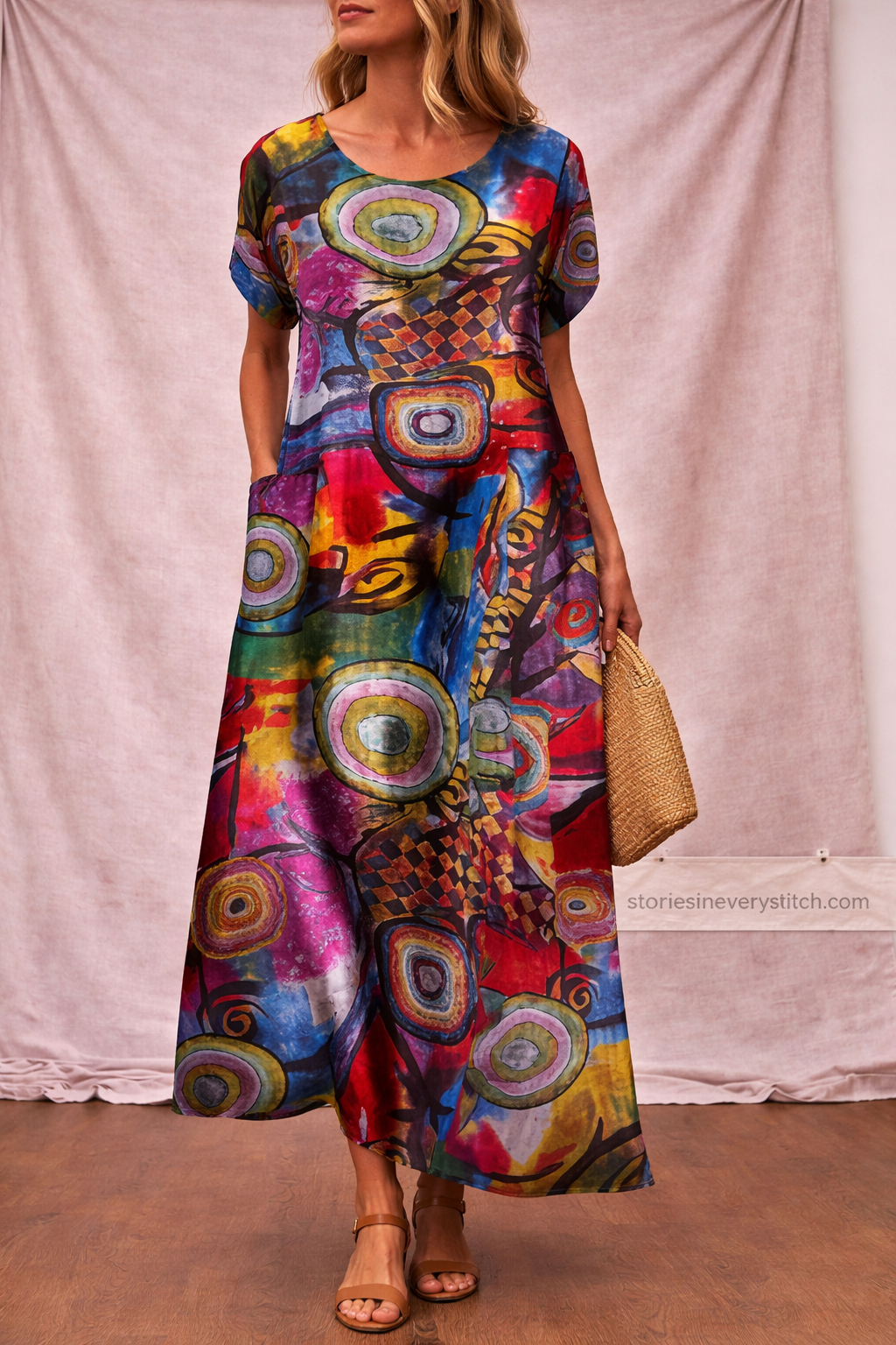 Women’s Abstract Print Short Sleeve Maxi Dress – Casual Loose Summer Dress