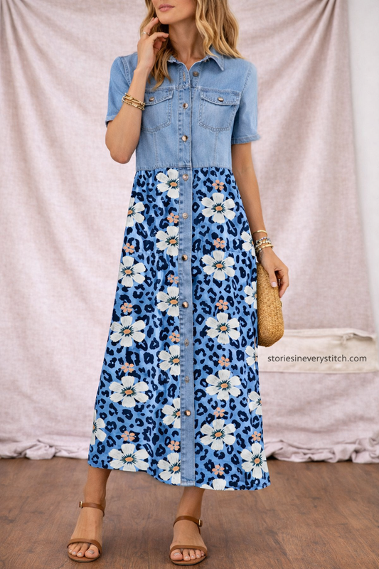 Women’s Patchwork Maxi Dress – Short Sleeve Button Casual Dress