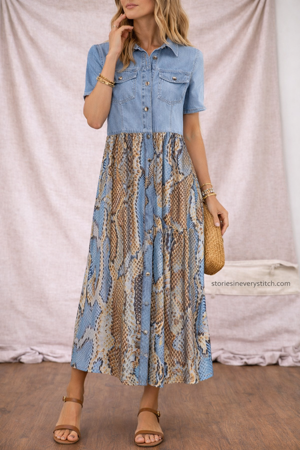 Women’s Patchwork Maxi Dress – Short Sleeve Button Casual Dress