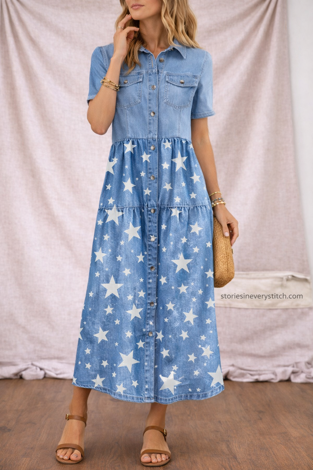 Women’s Patchwork Maxi Dress – Short Sleeve Button Casual Dress