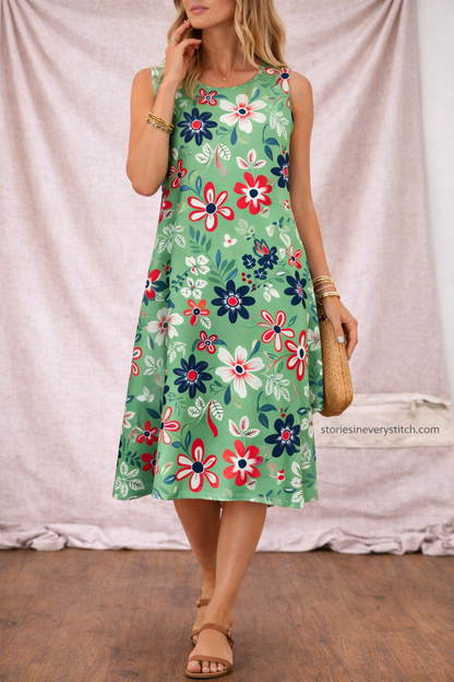 Women’s Floral Sleeveless Midi Dress – Casual Summer A-Line Dress