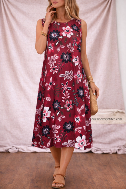 Women’s Floral Sleeveless Midi Dress – Casual Summer A-Line Dress