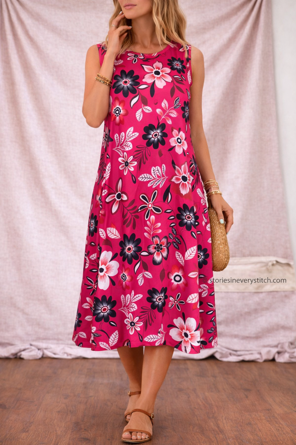 Women’s Floral Sleeveless Midi Dress – Casual Summer A-Line Dress