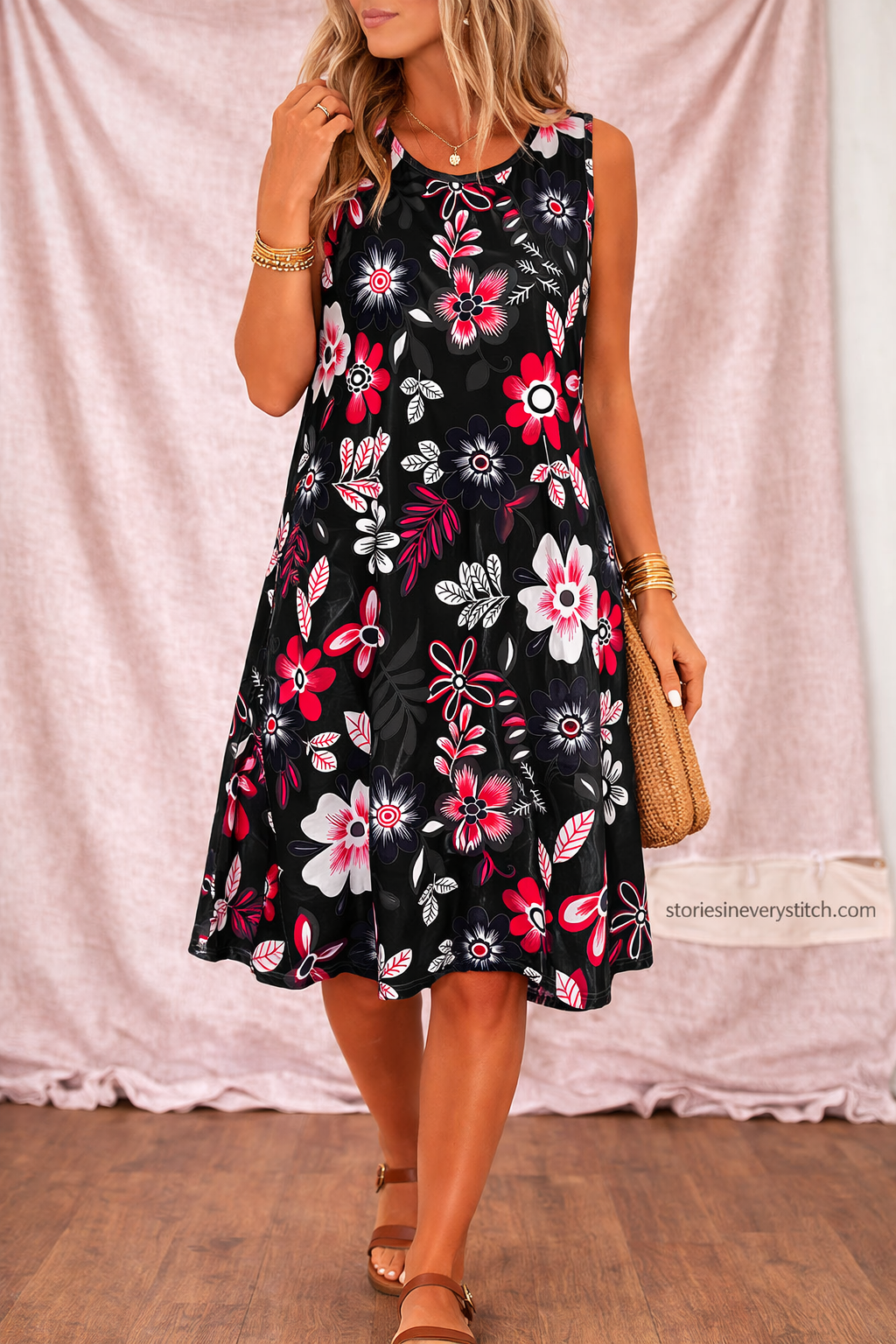 Women’s Floral Sleeveless Midi Dress – Casual Summer A-Line Dress