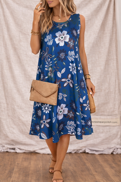 Women’s Floral Sleeveless Midi Dress – Casual Summer A-Line Dress