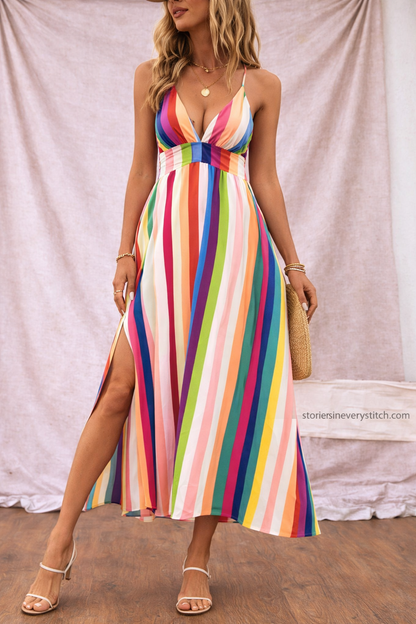Women’s Rainbow Stripe Spaghetti Strap Maxi Dress – Summer Beach Split Dress