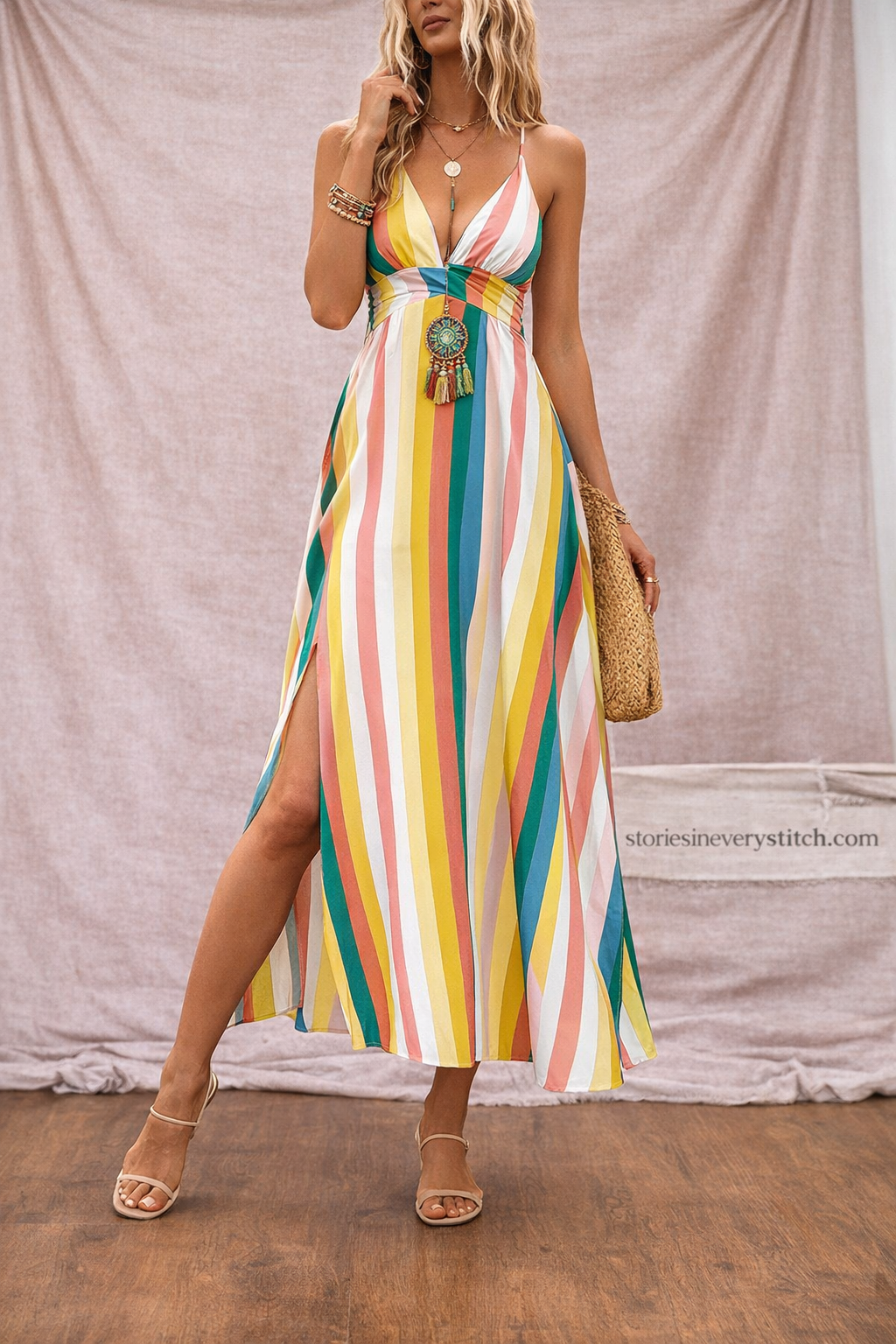 Women’s Rainbow Stripe Spaghetti Strap Maxi Dress – Summer Beach Split Dress