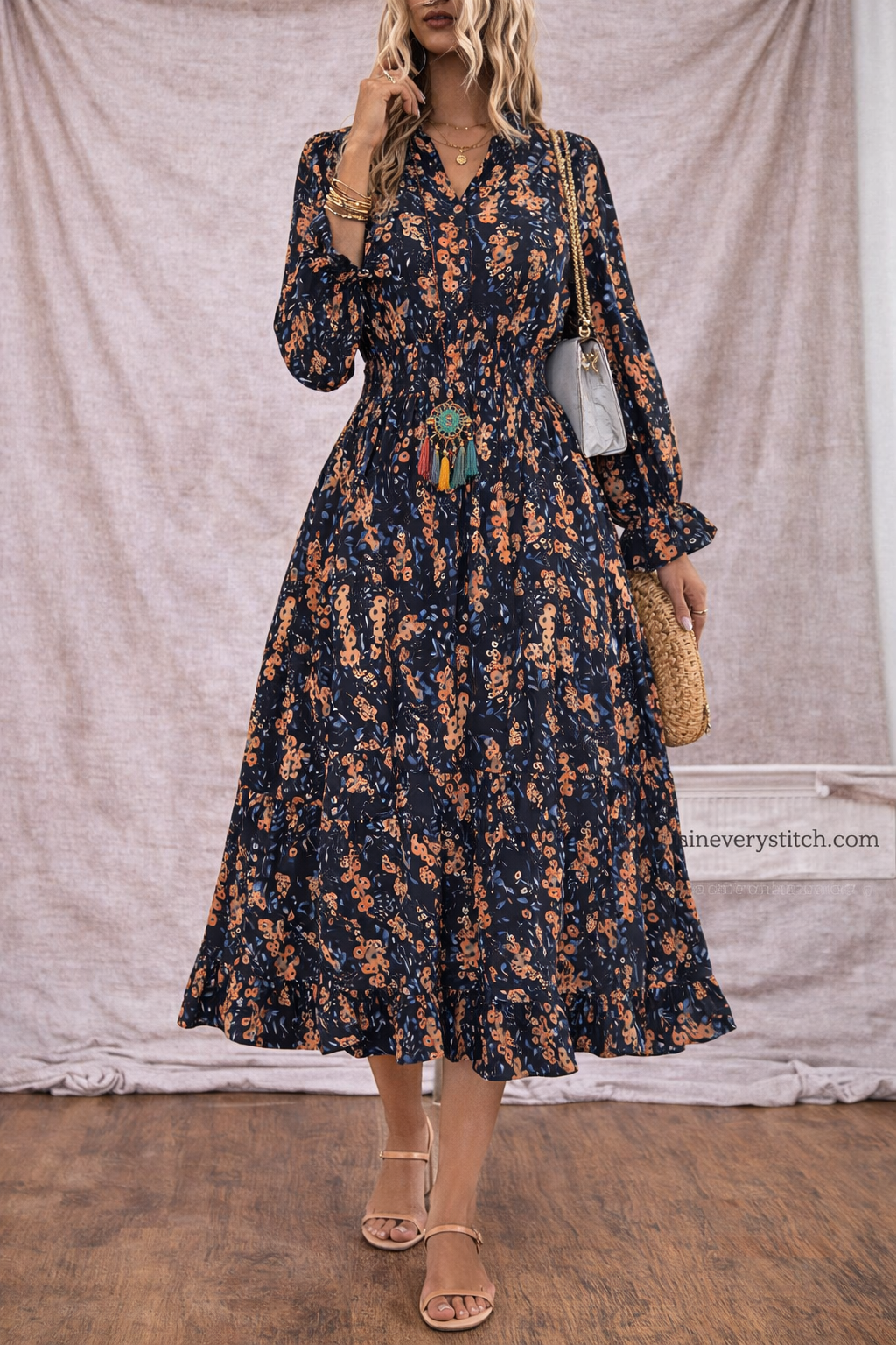 Vintage Floral Long Sleeve Maxi Dress – Boho Elegant Flowing Silhouette