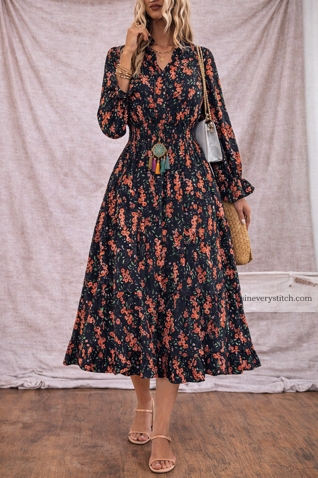 Vintage Floral Long Sleeve Maxi Dress – Boho Elegant Flowing Silhouette