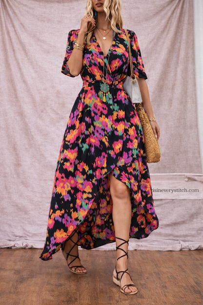 Vibrant Floral Wrap Midi Dress – Asymmetrical Hem Boho Chic Style
