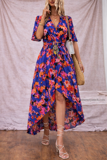 Vibrant Floral Wrap Midi Dress – Asymmetrical Hem Boho Chic Style