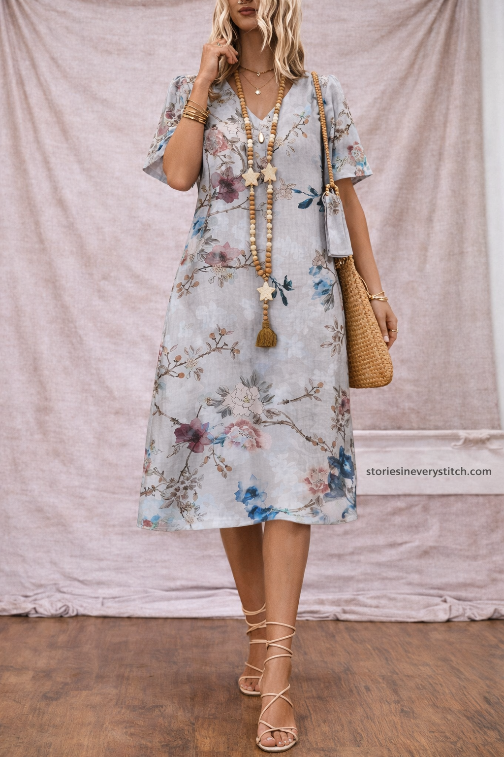 Elegant Floral Midi Dress – Soft A-Line Casual Summer Style