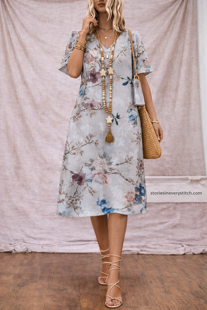Elegant Floral Midi Dress – Soft A-Line Casual Summer Style