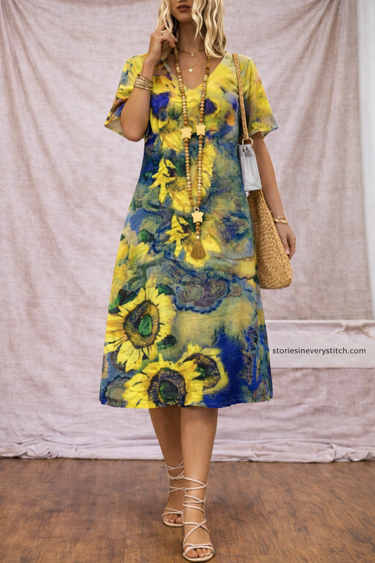 Elegant Floral Midi Dress – Soft A-Line Casual Summer Style