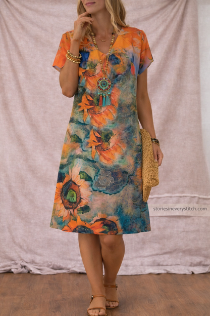 Elegant Floral Midi Dress – Soft A-Line Casual Summer Style