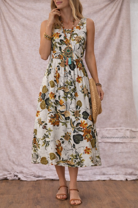 Floral Midi Dress with Sleeveless Design and Round Neck – Relaxed Flowy Fit