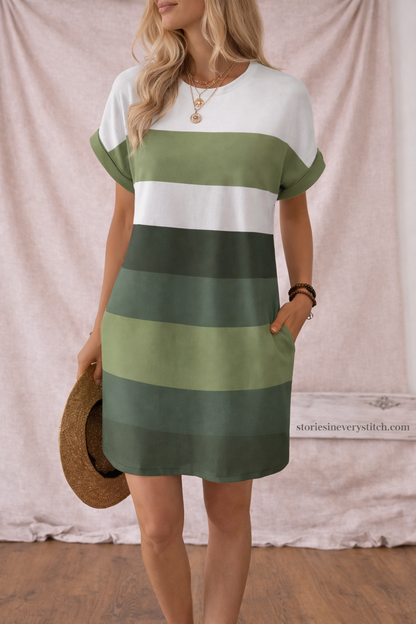 Striped Short Sleeve Midi Dress – Casual Relaxed Fit Everyday Style