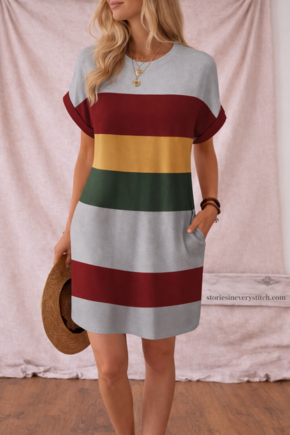 Striped Short Sleeve Midi Dress – Casual Relaxed Fit Everyday Style