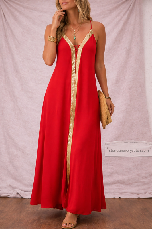 Elegant V-Neck Maxi Dress with Contrast Trim – Sleeveless Flowing Summer Style