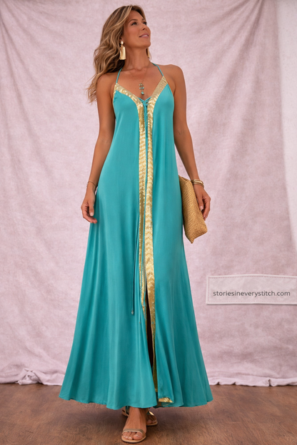 Elegant V-Neck Maxi Dress with Contrast Trim – Sleeveless Flowing Summer Style