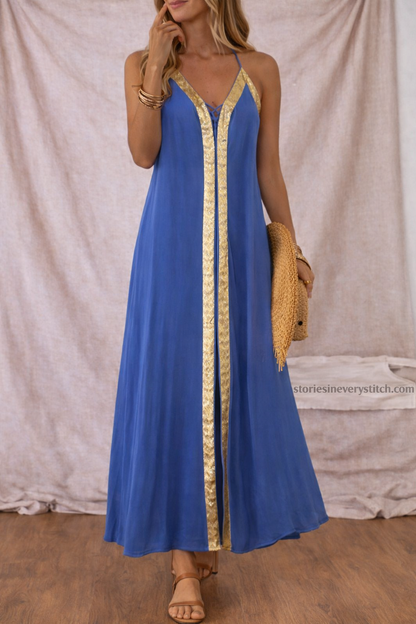 Elegant V-Neck Maxi Dress with Contrast Trim – Sleeveless Flowing Summer Style