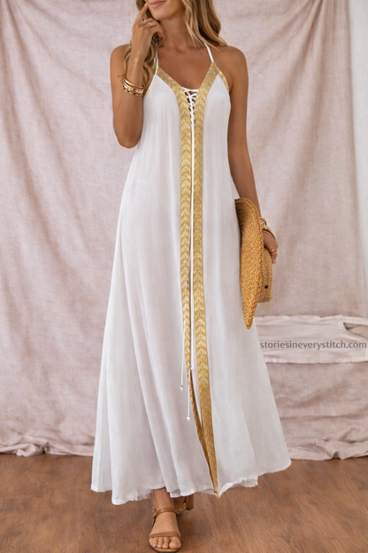 Elegant V-Neck Maxi Dress with Contrast Trim – Sleeveless Flowing Summer Style