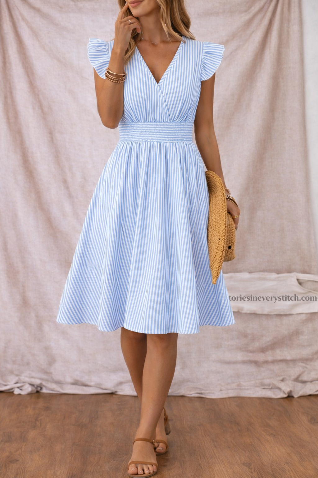 Striped V-Neck Midi Dress with Ruffle Sleeves – Elegant Fit & Flare Summer Style