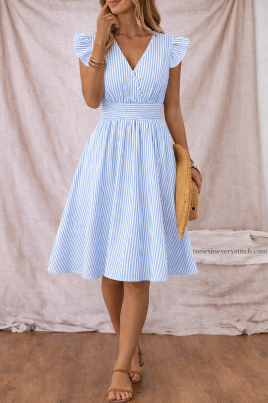 Striped V-Neck Midi Dress with Ruffle Sleeves – Elegant Fit & Flare Summer Style
