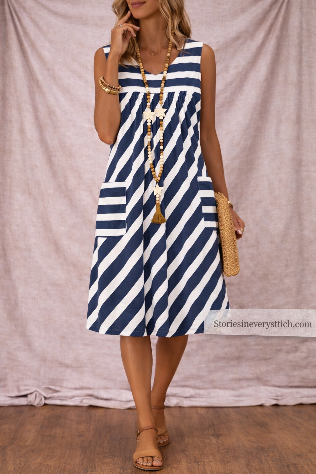 Striped Sleeveless Midi Dress – Casual A-Line Button Detail Summer Style