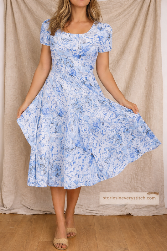 Floral Fit & Flare Midi Dress – Short Sleeve Elegant Summer Style